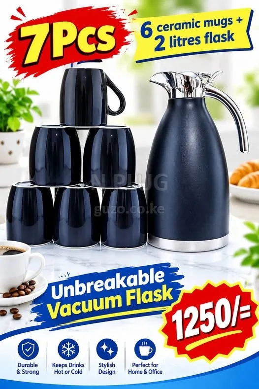 6Pcs whire floral ceramic breakfast cups + 1.6 litres unbreakable vacuum flask - Utensils Shop in Nairobi CBD