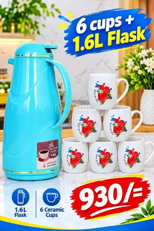 6Pcs whire floral ceramic breakfast cups + 1.6 litres unbreakable vacuum flask - Utensils Shop in Nairobi CBD