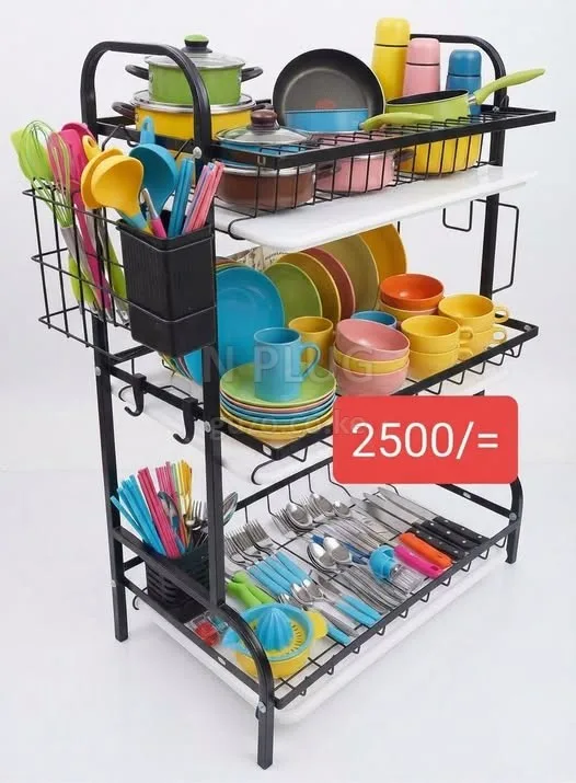 3-layer high quality metallic dish rack with side trolleys